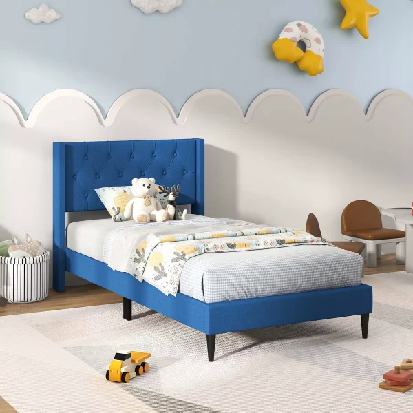 Twin Size Upholstered Platform Bed with Button Tufted Wingback Headboard Blue/Grey