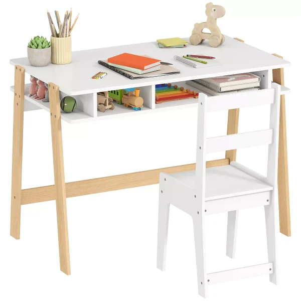 Kids Desk and Chair Set, Children Study Writing Table with Storage, Boy Girl Desk Set for Bedroom for Children Ages 3-12, White