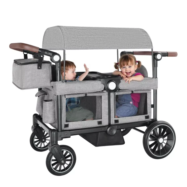 Folding Wagon Stroller for 2 Kids, Adjustable Handle, All-Terrain Shock-Absorbing Wheel, Detachable Tray, Diaper Bag
