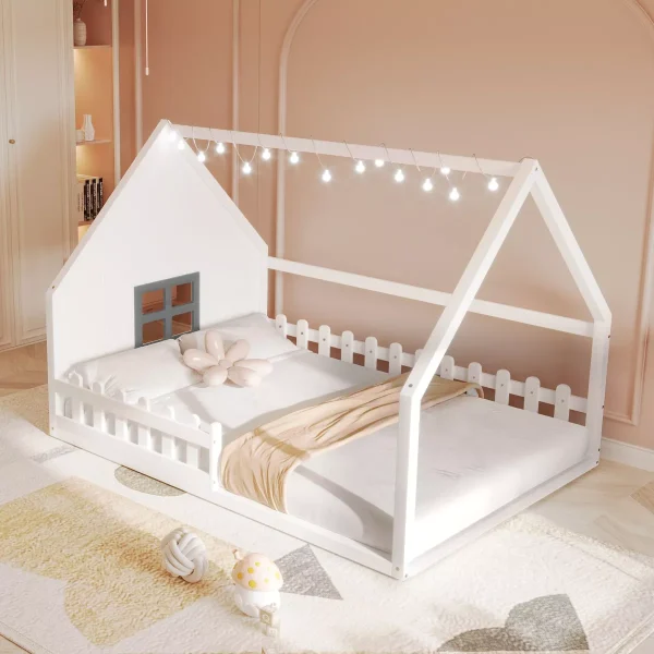 Size House Shape Platform Bed with Window & Fence,Wooden Bed Frame for Kids Room,Bedroom