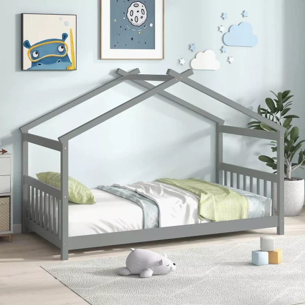 Twin Size House Bed with Roof Wooden Low Floor Bed No Box Spring Needed Grey