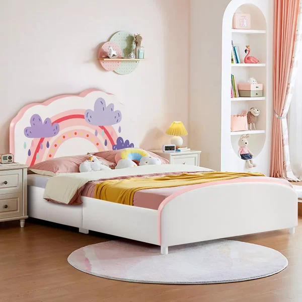 Kids Upholstered Platform Bed Children Twin Size Wooden Bed Rainbow Pattern